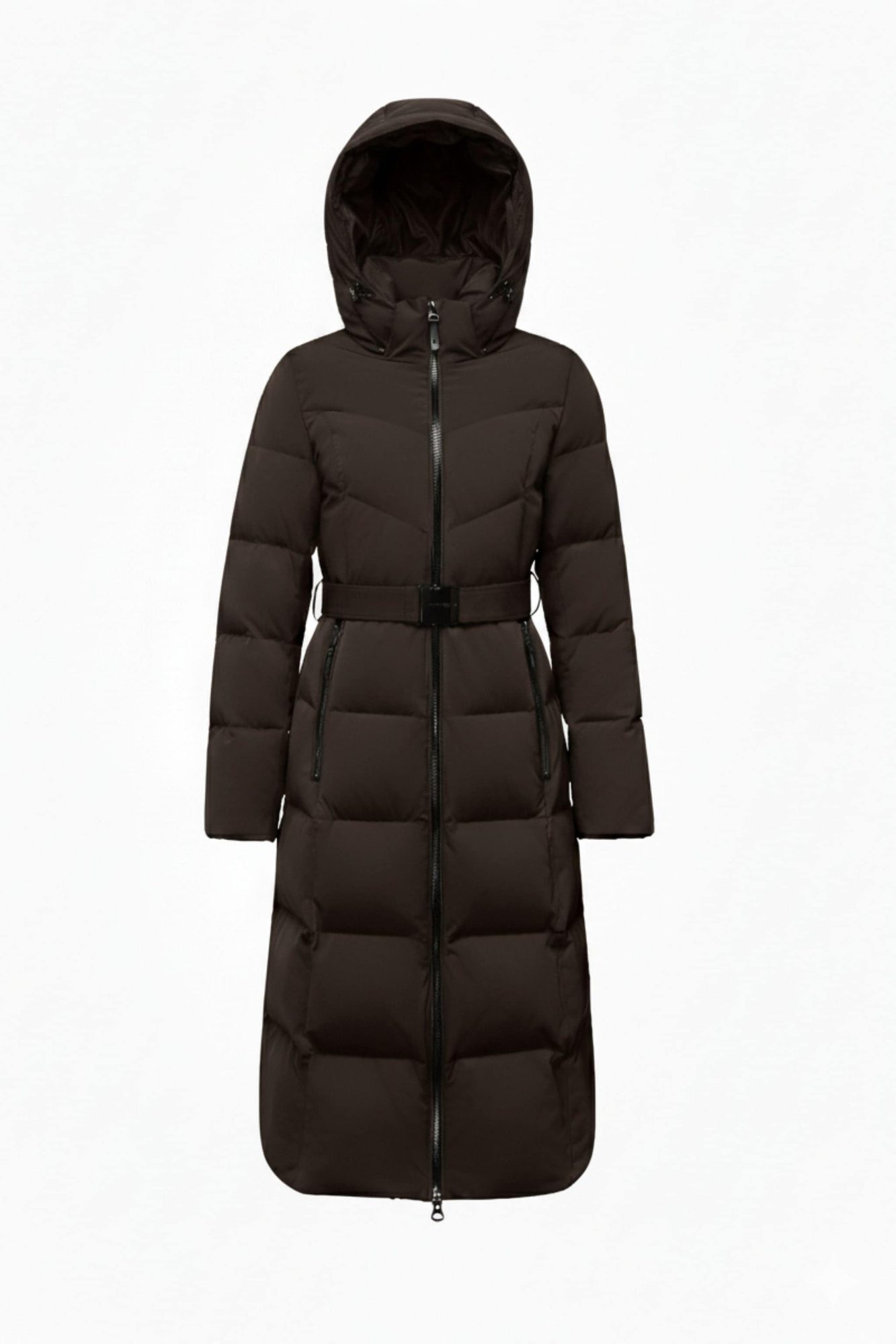 Long dark brown hooded puffer coat with belted waist, displayed on mannequin front view