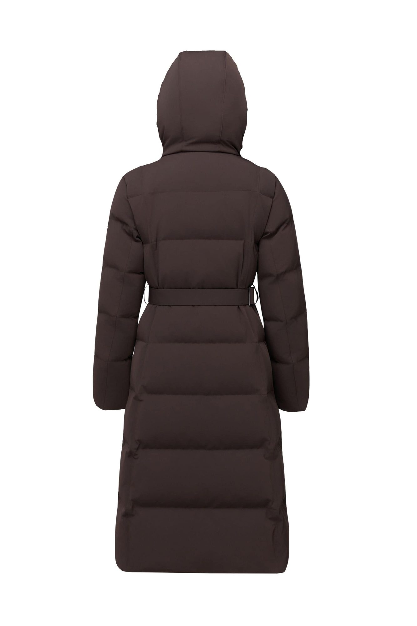 Back view of long dark brown puffer coat with belt, showing quilted panel design and full-length silhouette