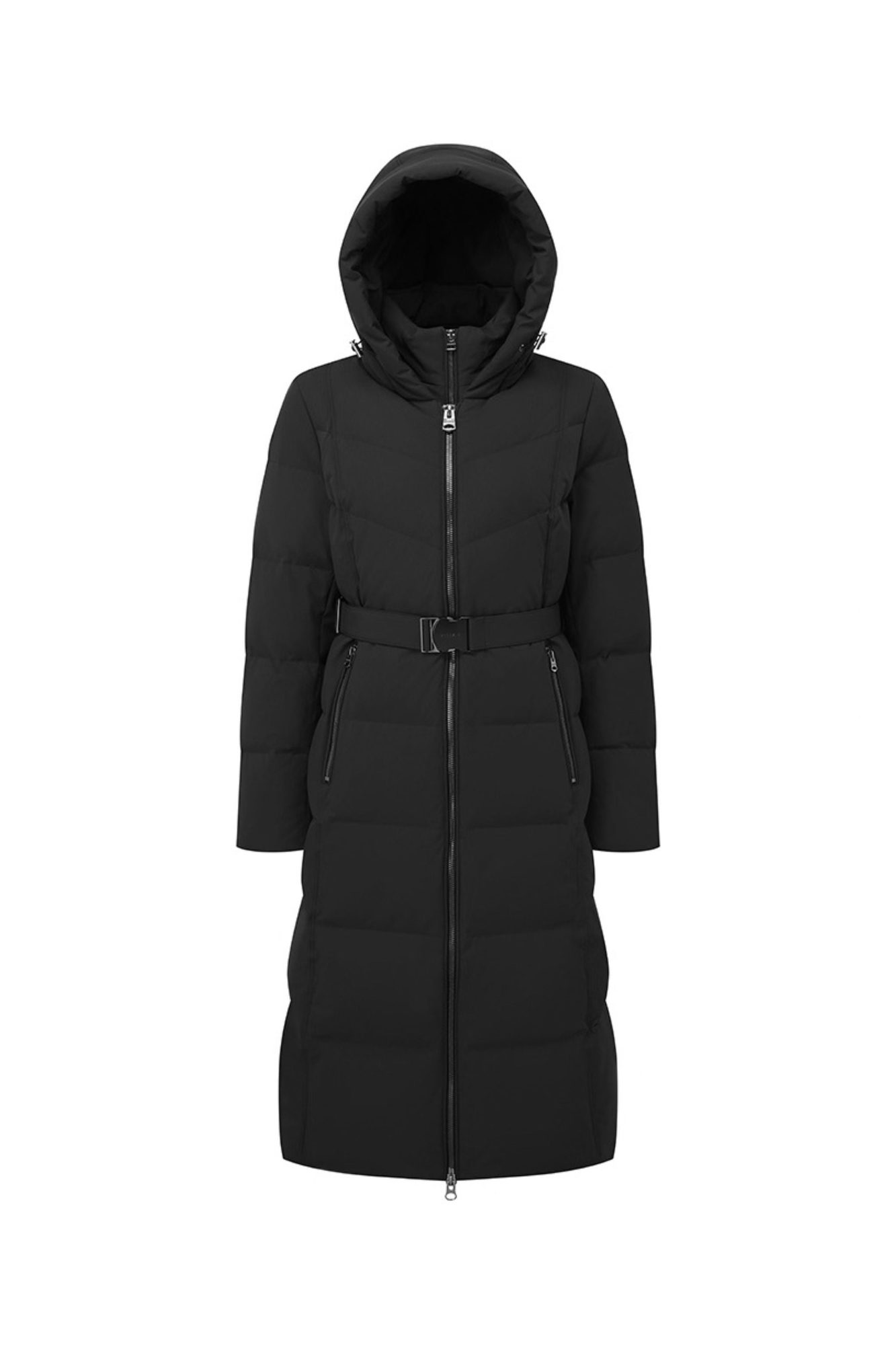 Black puffer coat with full-length design, center front zipper, and belt at waist, front view