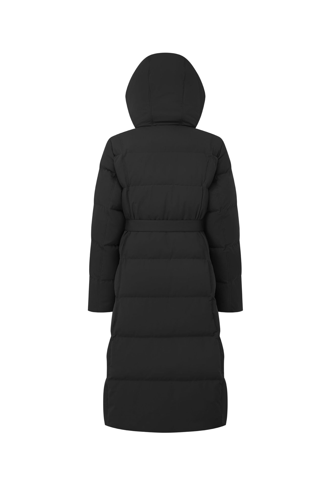 Back view of black puffer coat with full-length silhouette and hood